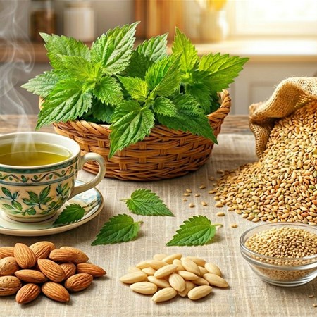 Calcio naturale dalle piante: ortica, semi di sesamo e mandorle per ossa forti